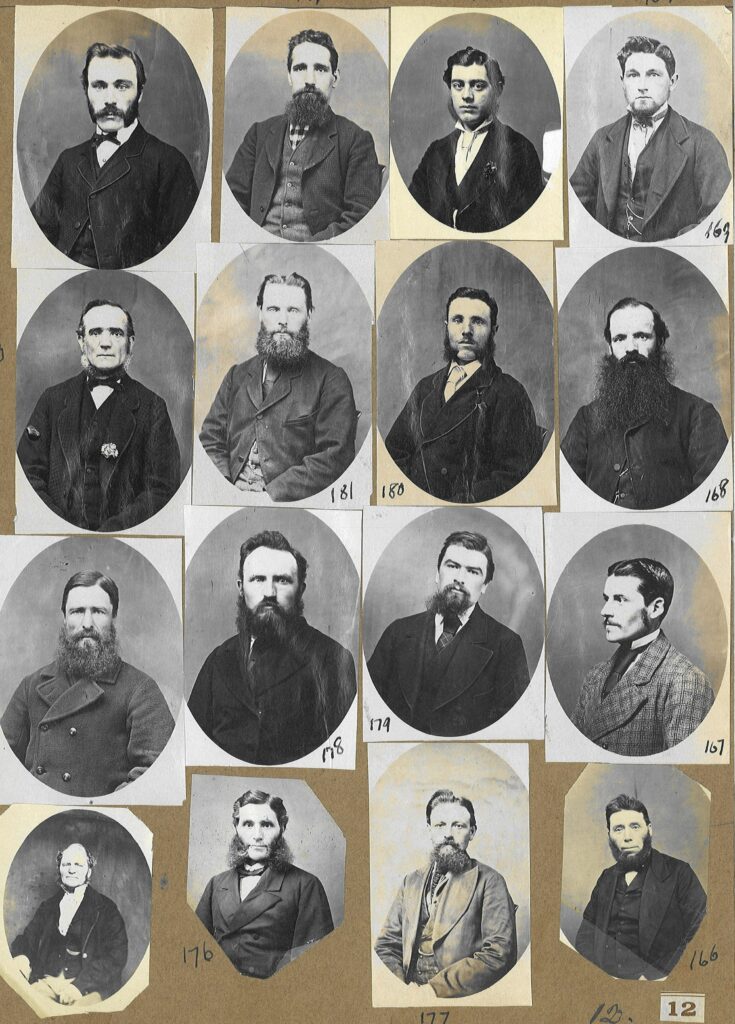 Nifer o luniau du a gwyn o dynion gyda barfau.