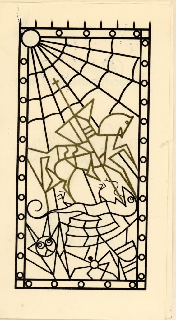 Cerdyn pen-blwydd hwn yn dangos  San Siôr yn concro'r ddraig