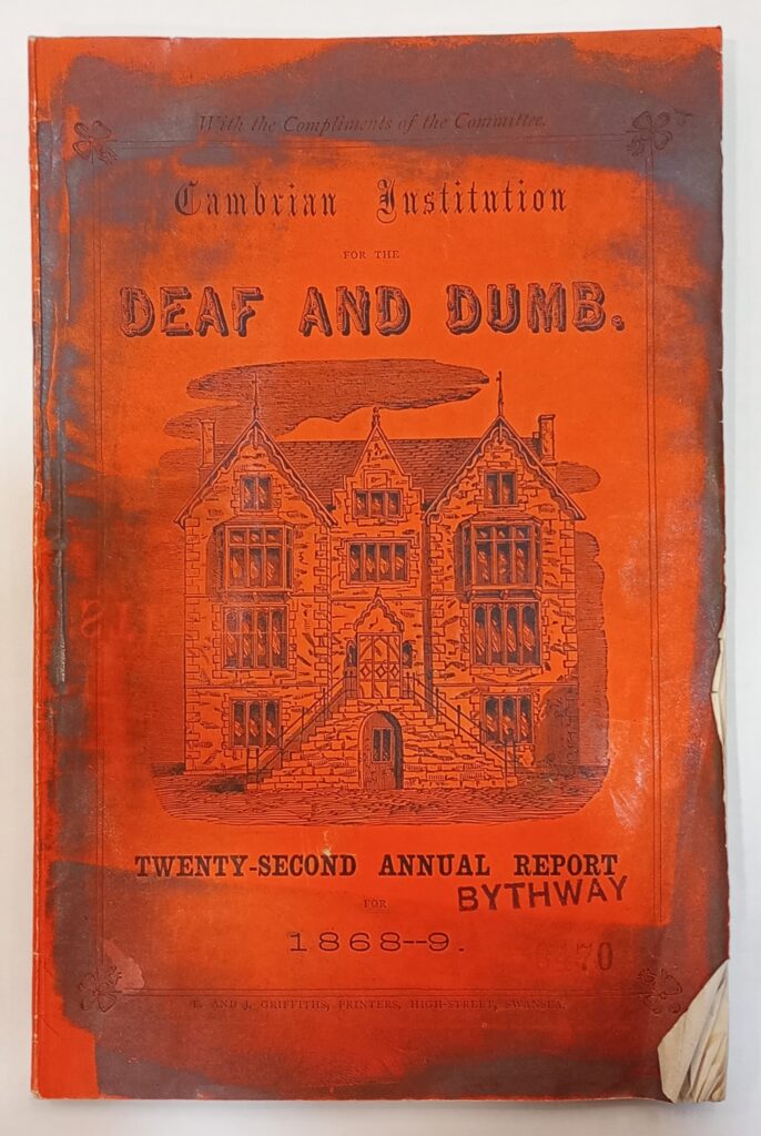 Clawr adroddiad blynyddol The Cambrian Institution of the Deaf and Dumb 1868 -9