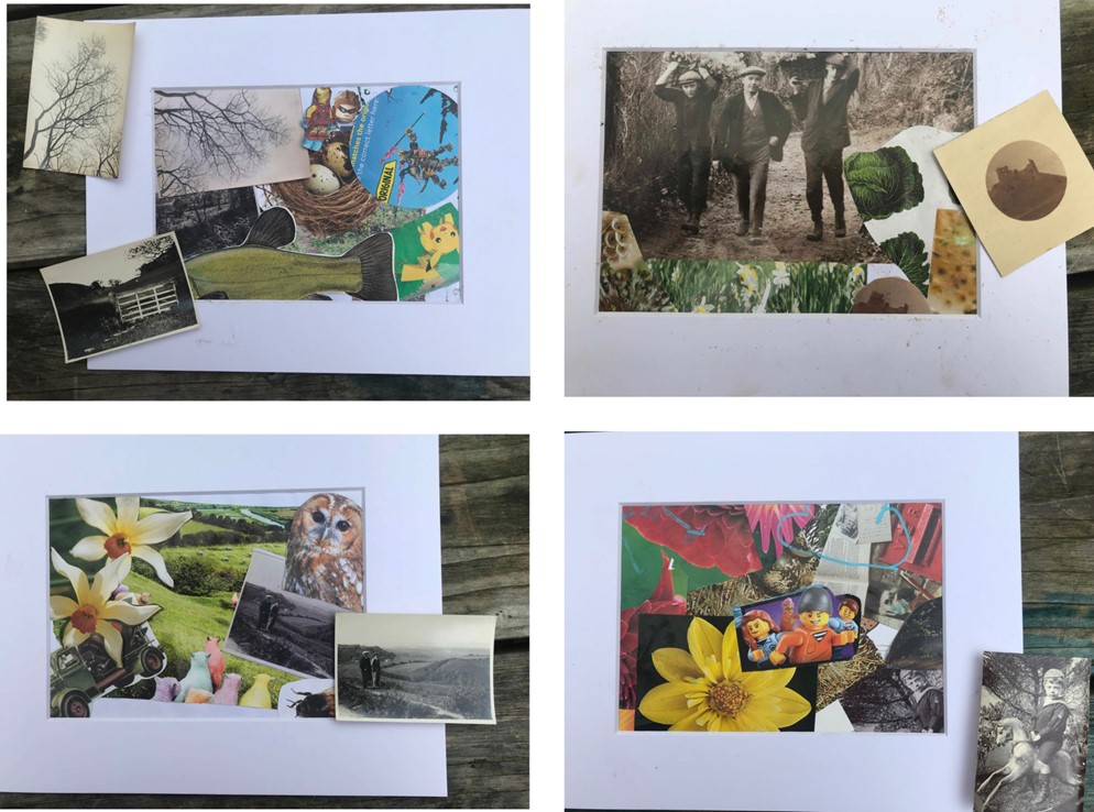 Cyfres o 4 collage yn defnyddio delweddau o gasgliadau archifol