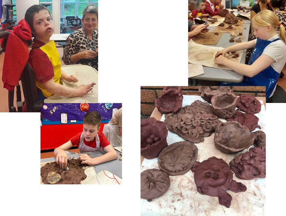 detholiad o ddelweddau o'r bobl ifanc a'u gweithiau celf clai