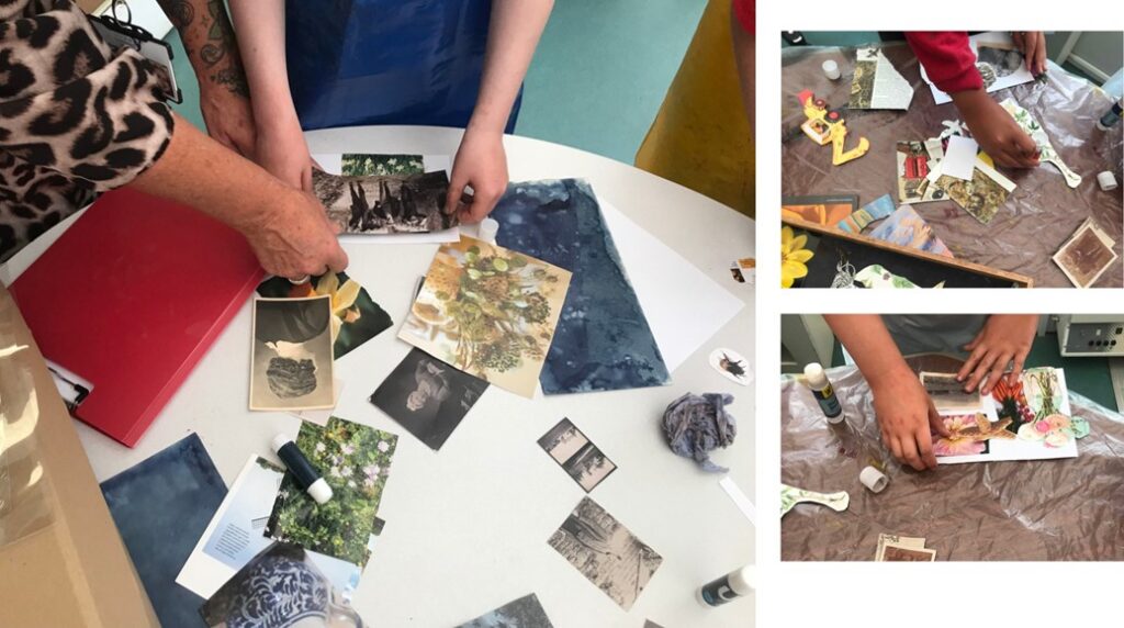 dwylo'n gosod y lluniau yn barod i'r collage