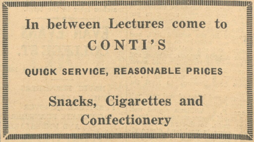 Cylchgrawn Coleg Dewi Sant hysbyseb i 'Conti's' (1960au), eitem o Lyfrgell ac Archifau Roderic Bowen, Y Drindod Dewi Sant