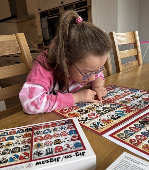 A young girl is looking at the designs on the jigsaw