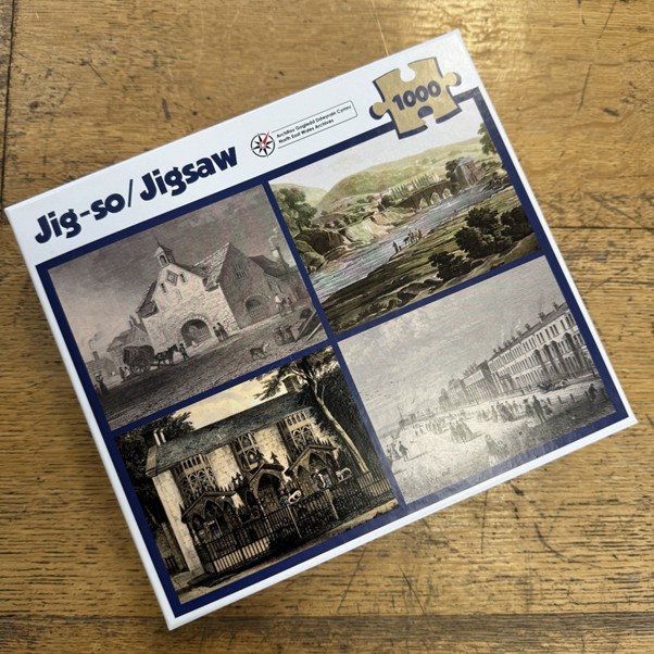 A boxed jigsaw puzzle featuring 4 images of historic views of Denbighshire on the design 